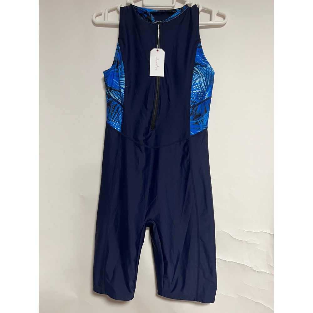 AceAcr Navy Blue Tropical‎ Palm Print Quarter Zip One Piece Swimsuit Unitard NEW